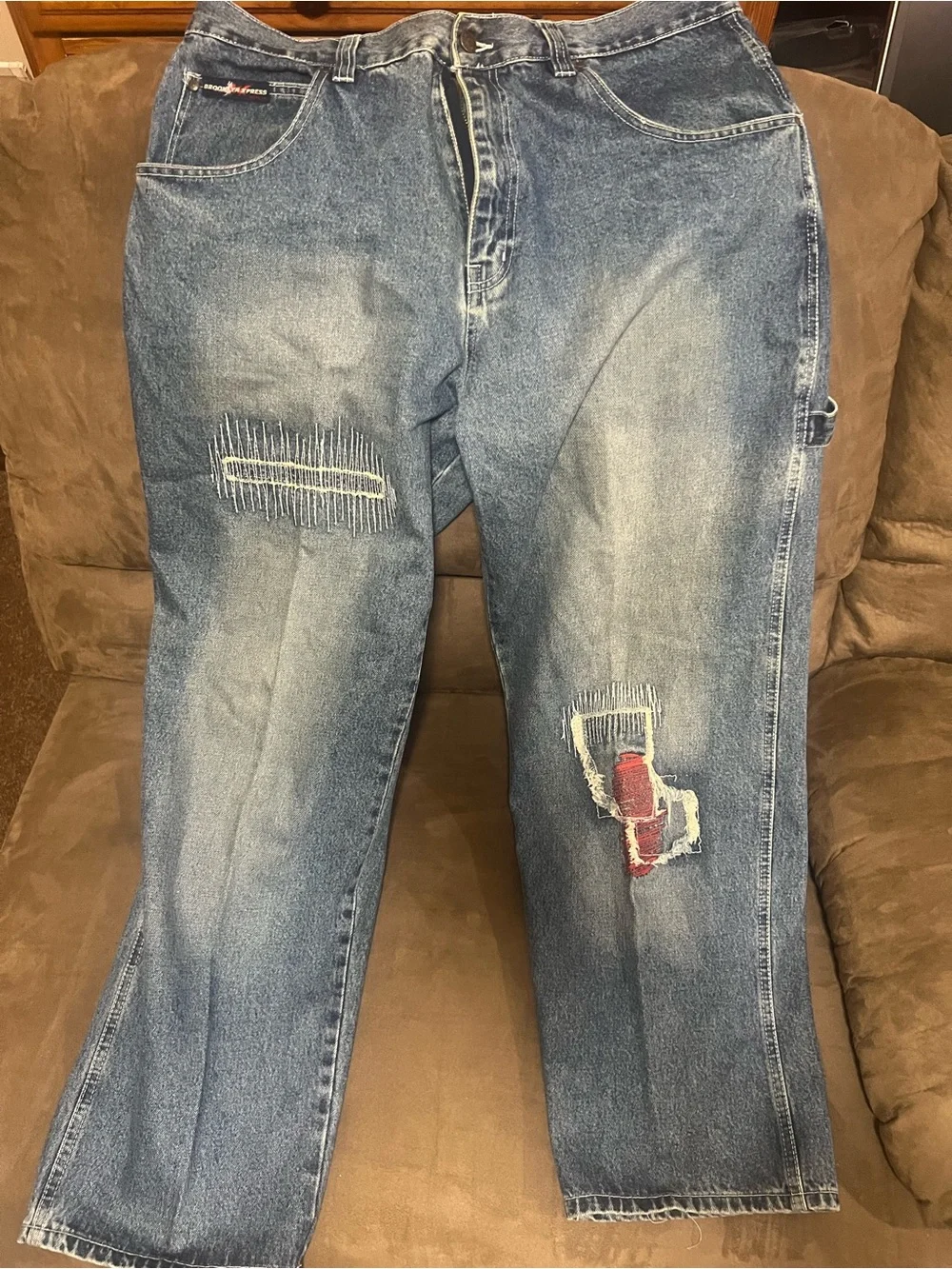 Men's Distressed Blue Jeans with Patch Detail